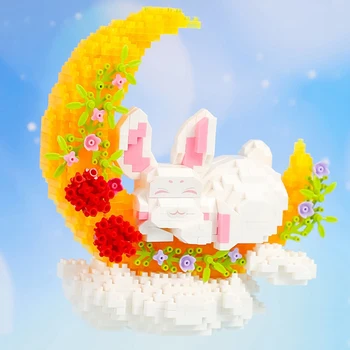 3D модель DIY Мини Алмазные блоки Кирпичи Здание в окружении цветов Кролик на Луне Облако Креативный подарок Игрушка для детей