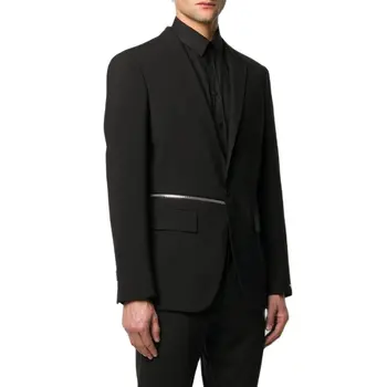 уникальный дизайн застежка-молния мужские костюмы мужские костюмы обычный крой 2 шт. черный блейзер с длинным рукавом с брюками повседневный повседневный мужской комплект одежды