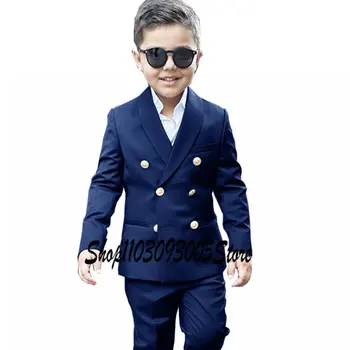 темно-синий костюм для мальчиков двубортный блейзер комплект из 2 шт. Детская куртка Брюки Свадебный смокинг Золотые пуговицы Мода Полный наряд