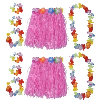 2X Набор розовых детей Гавайская травяная юбка Хула Луау Вечеринка