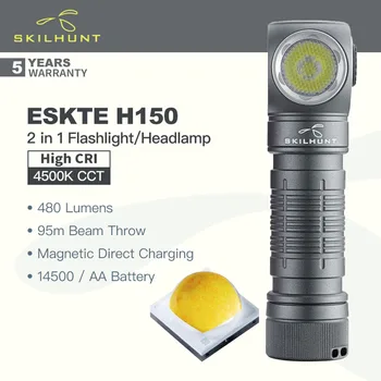 Skilhunt ESKTE H150 (версия с высоким индексом цветопередачи) Фонарь/налобный фонарь 2 в 1, 480 люмен, IPX8 водонепроницаемый, питание от батареи 14500 или AA