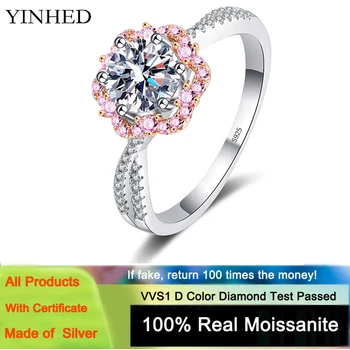 YINHED Оригинальное кольцо из стерлингового серебра 925 пробы для женщин 1.0CT D Color Moissanite Bloom Bloom Кольцо с покрытием из платины PT950