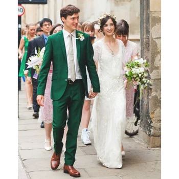 Роскошные свадебные костюмы для мужчин Зеленый блейзер 2 шт. Куртка Брюки Узкий крой Однобортный с вырезом Лацкан Slim Fit Формальный набор для вечеринок