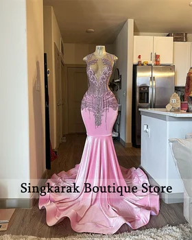 Блестящее длинное выпускное платье с розовыми бриллиантами 2023Бархат Блестящие кристаллы Бусины со стразами Кисточки Выпускные свадебные платья