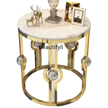 Декоративный маленький круглый стол Мраморный угловой стол Современный светлый роскошный позолоченный приставной столик из нержавеющей стали для американского отеля