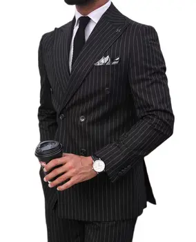  Черные полосатые приталенные мужские костюмы для выпускного вечера с двубортным остроконечным лацканом на заказ 2 шт. Свадебный смокинг 2022 Модная одежда Брюки