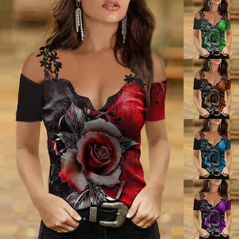 2024 Новый женский модный повседневный кружевной плечевой ремень с цифровой печатью и V-образным вырезом Футболка с коротким рукавом Топ