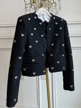  Модный бренд Твидовые куртки для женщин 2023 Дизайн Шерстяные короткие пальто с круглым вырезом и длинным рукавом Осень Зима Корея Модная верхняя одежда