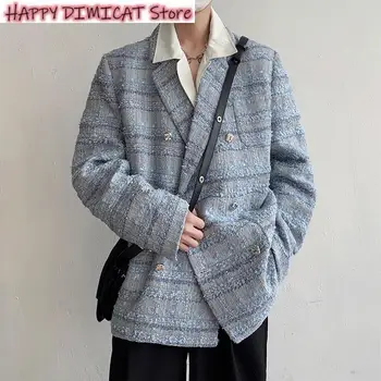 Мужское пальто Свободный утолщенный твидовый костюм Двубортный Весна Осень Повседневный корейский модный мужской блейзер