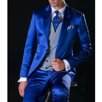 Королевский синий атлас мужские костюмы на свадьбу с серым жилетом облегающий крой жениха смокинги мужская мода 3 шт. (куртка + жилет + брюки)