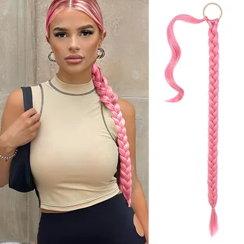 HAIRCUBE Синтетические наращивания конского хвоста Розовый длинный плетеный хвост пони с резинкой Кольцо для волос Термостойкие искусственные волосы для женщин