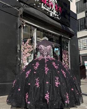 Темно-розовые кружевные аппликации Черное роскошное платье Quinceanera 2023 с бантом Бальное платье Чарро Мексиканское платье vestido de 15