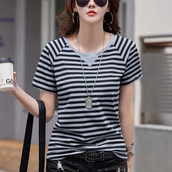 #0273 Летняя полосатая футболка Женская хлопок 95% офисная футболка с коротким рукавом Женская тонкая футболка с о-образным вырезом Femme Корейский стиль