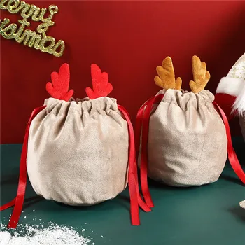 Рождественские сумки для конфет Сумки из оленьих рогов Бархатный рисунок String Bunny Подарочные упаковочные сумки Дропшиппинг Сумки Украшение для вечеринки 2023 Navidad New