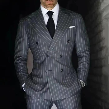 Классический серый в тонкую полоску Мужские костюмы для бизнеса Двубортный пиджак Брюки 2 шт. Формальный жених Свадебные смокинги Tailore Made