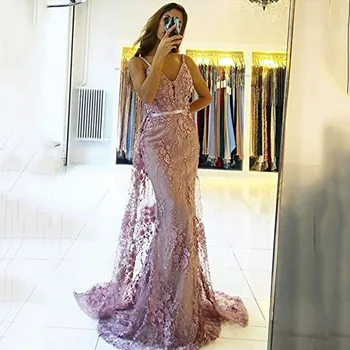 Выпускное платье русалки 2021 Сексуальное вечернее платье с V-образным вырезом и кружевными аппликациями без спинки со съемным шлейфом Дубайское вечернее платье