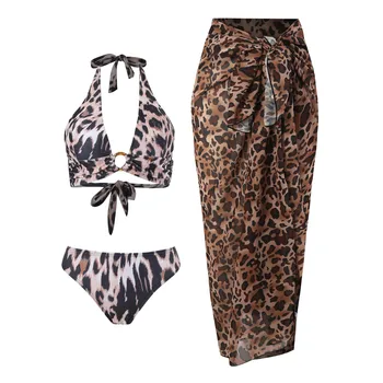 3 шт. сексуальный купальник бикини с юбкой накидка для женщин 2024 леопард с высокой талией купальники бразильская пляжная одежда женский купальный костюм
