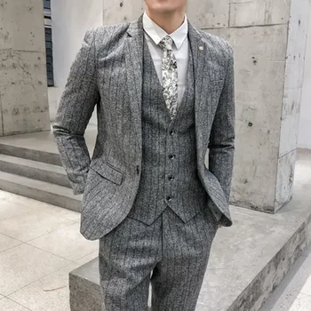 2023 Новый модный мужской полосатый костюм 3 комплекта из полиэстера Мужской высококачественный повседневный костюм (куртка + жилет + брюки)