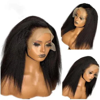 Мягкий бесклеевой Yaki Short Cut Bob Kinky Прямой черный кружевной передний парик для женщин с детскими волосами, предварительно выщипанный термостойкий ежедневный
