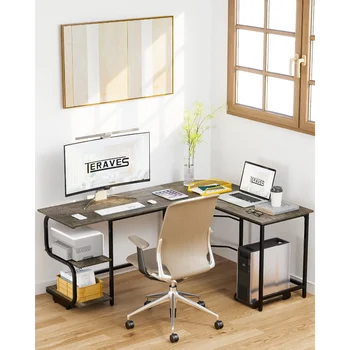 Teraves Двусторонний L-образный стол с большой поверхностью, 61-дюймовый прочный угловой стол с полками для хранения, офис премиум-класса