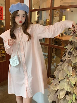 Корейский свободный розовый платье-рубашка Женщины Сладкий двухслойный кукольный воротник Длинные платья Женщина Весна Осень Новый