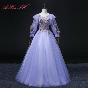 AnXin SH принцесса фиолетовый цветок кружево с v-образным вырезом иллюзия с длинным рукавом блестящее бальное платье для вечеринок с оборками невеста вечернее платье на шнуровке