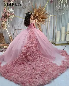 Розовый Сладкий 16 Quinceanera Платья Аппликации Цветы С открытыми плечами Бальное платье с рюшами Платье Vestido De 15 Anos 2022