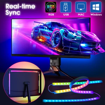  Подсветка компьютерного монитора Цвет Синхронизация в реальном времени RGB Светодиодная лента для 24-34 дюймов Для DIY Holiday PC Game Atmosphere Decor Lamp