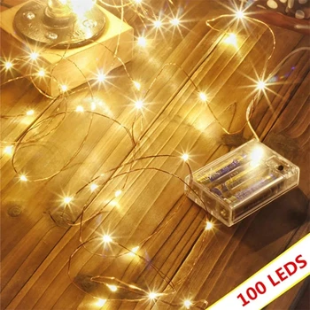  Fairy Lights Батарейный 33-футовый батарейный струнный светильник 100 светодиодов для спальни Рождество Хэллоуин Вечеринка Свадьба Теплый белый