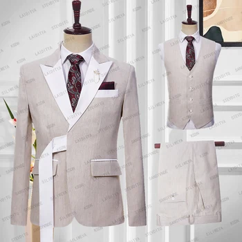 2023 Мужские костюмы Slim Fit Лето Британский стиль Деловой Лен Хаки Свадебное платье Комплект из 3 предметов (Куртка + Жилет + Брюки)