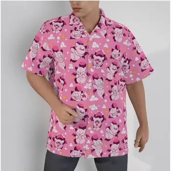 Мужская гавайская розовая рубашка Kawaii Pigs Забавный пляж с коротким рукавом Лето Повседневные Пуговицы Пэчворк Топы 3D Рубашки