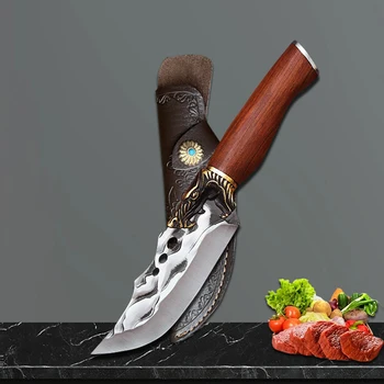  Кованые кухонные ножи Тесак для мяса с ножнами Нож для обвалки из нержавеющей стали Рыбалка Кулинария Барбекю Нож для домашнего хозяйства