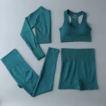 Бесшовный женский набор для йоги 2 шт. Спортивная одежда для тренировок Одежда для тренажерного зала Фитнес с длинным рукавом и высокой талией Леггинсы / бюстгальтер и шорты
