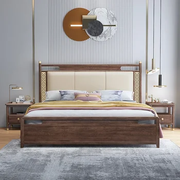 Частный заказ Новая двуспальная кровать из массива дерева в китайском стиле Главная спальня Главная спальня Свадебная кровать современная минималистичная мебель soft be