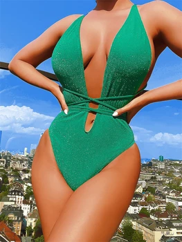 цельный купальник женский 2023 новый зеленый купальник на шнуровке с V-образным вырезом Сексуальное боди монокини с открытой спиной летний пляжный купальный костюм женский