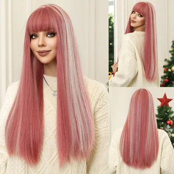 HAIRCUBE Длинные розовые белые конфеты Прямые парики для женщин с челкой Высокотемпературные парики из волокна Мода Рождественская вечеринка