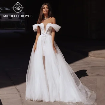 Michelle Royce 2 в 1 V-образным вырезом Свадебные платья для женщин 2022 Съемное свадебное платье с шлейфом с открытыми плечами Vestido De Novia