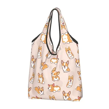 Модный принт Забавный щенок корги Шоппинг Шоппинг Сумка Портативная сумка для шопперов через плечо