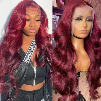 36 дюймов 250 плотность 99J бордовый 13x4 13x6 Body Wave Кружева Передние парики из натуральных волос Красный цвет Фронтальный парик для женщин
