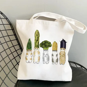 Смешные женщины Сумка-шоппер милый кот Печатная сумка Kawaii Сумка Harajuku Shopping Canvas Shopper Сумка для девочек Сумка Tote Shoulder Lady Bag