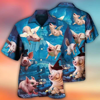 Забавные животные Гавайские рубашки 3D Муха Свинья Женская одежда Улица Y2k Личности Рубашка с короткими рукавами Топ Лацкан Девушка Футболки