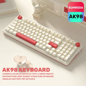 AK98 Беспроводная игровая механическая клавиатура 98Keys 2.4G TYPE-C Проводная Bluetooth-клавиатура Горячая замена RGB Подсветка Геймерская ручка Клавиатура
