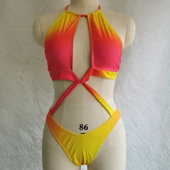 Сексуальный цельный купальник с открытой спиной Женщины Оранжевый галстук Градиент Африканские купальники Большой размер Купальный костюм с вырезом Монокини